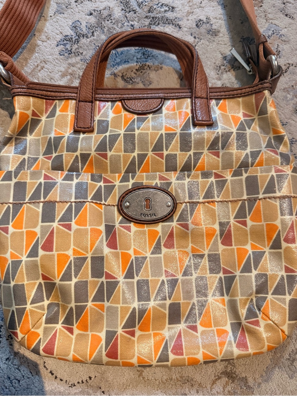 Fossil Orange, Brown & Gray Geometric Canvas Tote